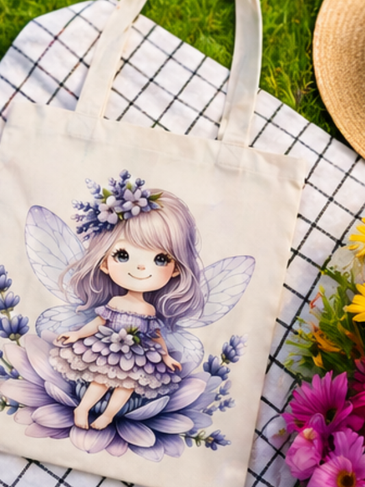 Geantă tip tote din bumbac 41x36 cm, Imprimeu DTF Design Zână cu Lavandă