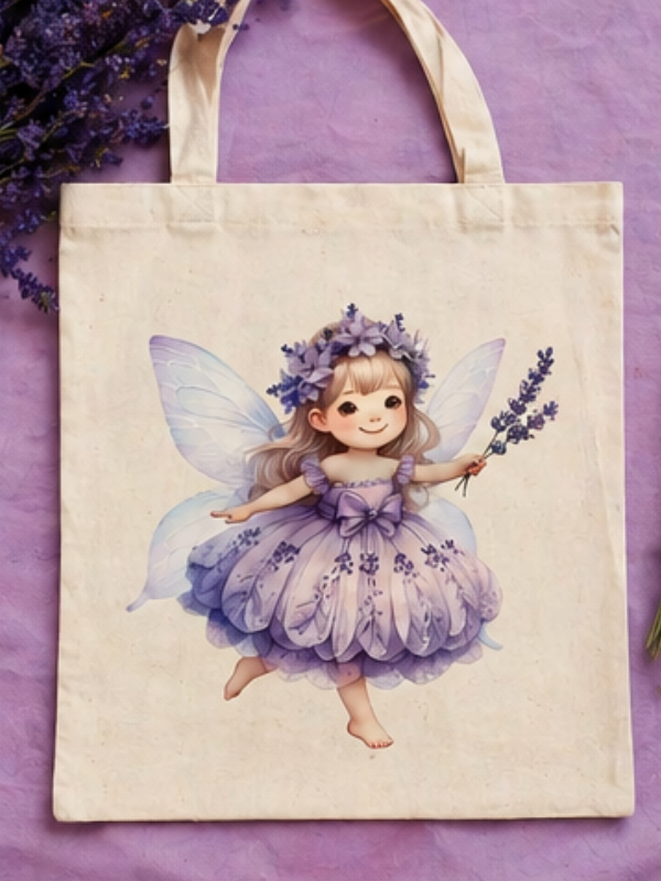 Geantă tote din bumbac 41x36 cm, Zână de lavandă, Imprimare DTF