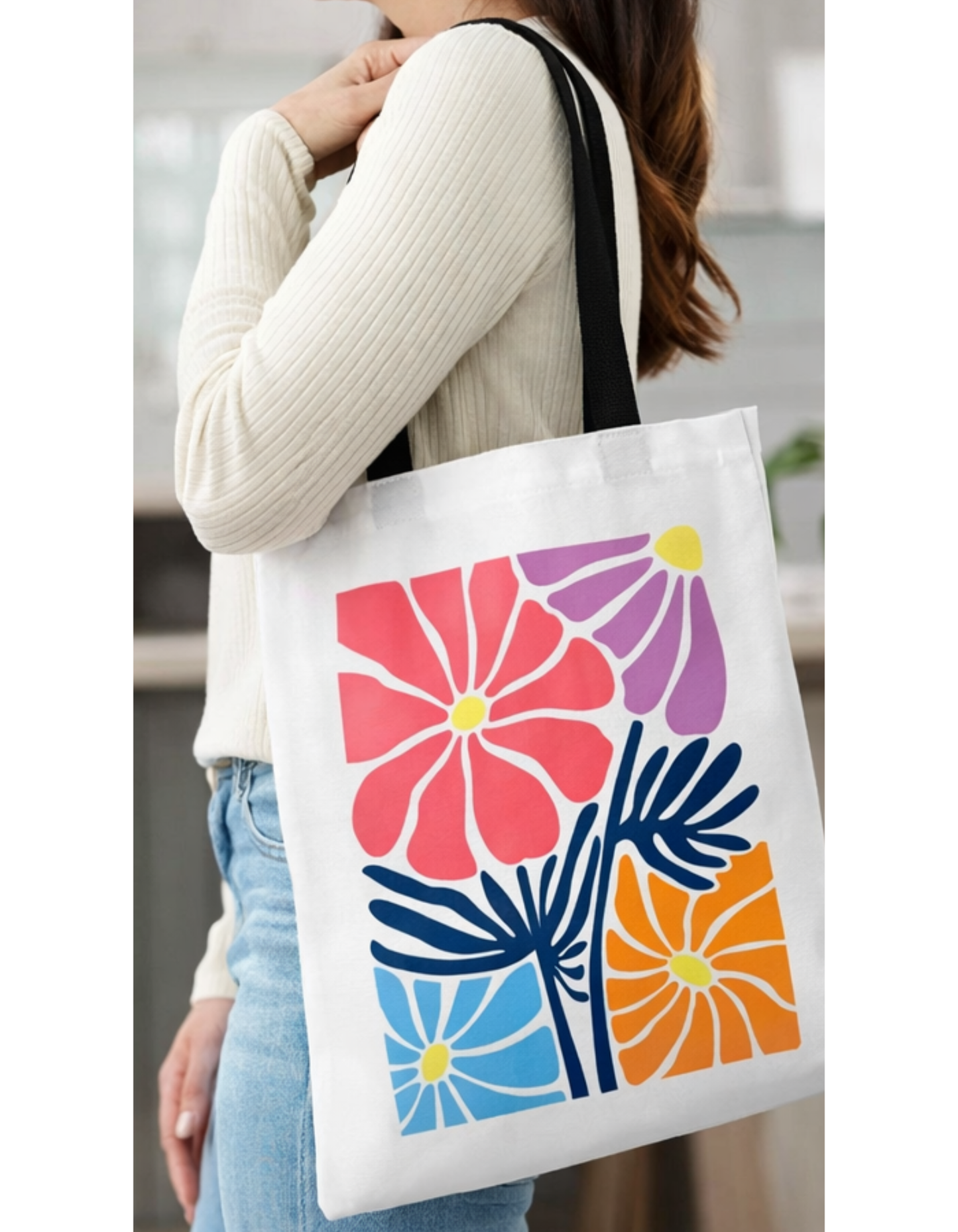 Geanta Tote Bag Alba cu Imprimeu Floral Multicolor