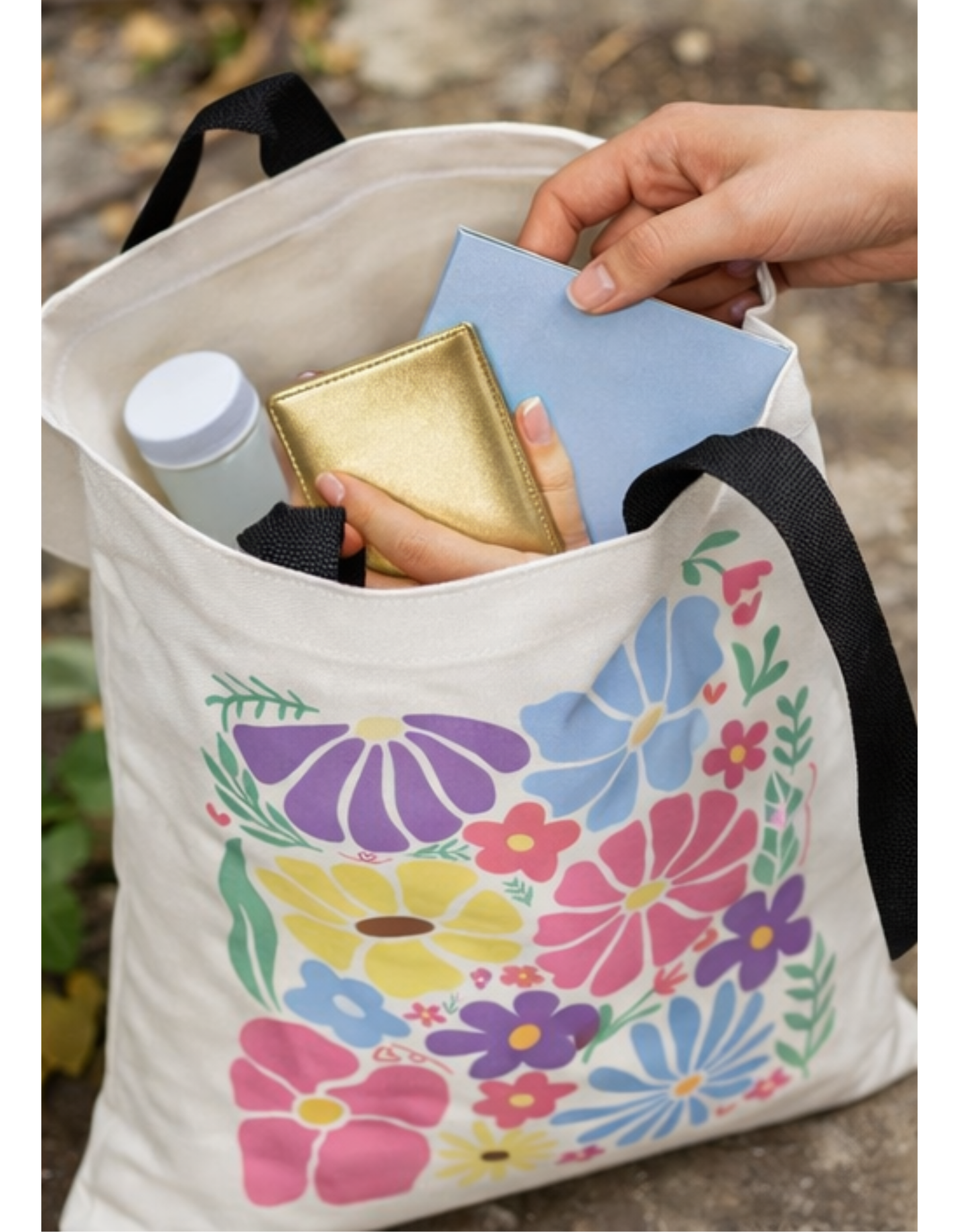 Geanta Tote Bag Alb, imprimeu floral colorat