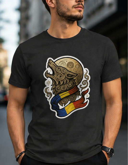 Tricou Lup Dacic – Design Tribal cu Tricolor Românesc