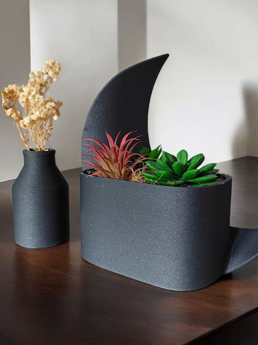 Set decorativ Luna Noir, ghiveci pentru plante suculente și vaza minimalistă