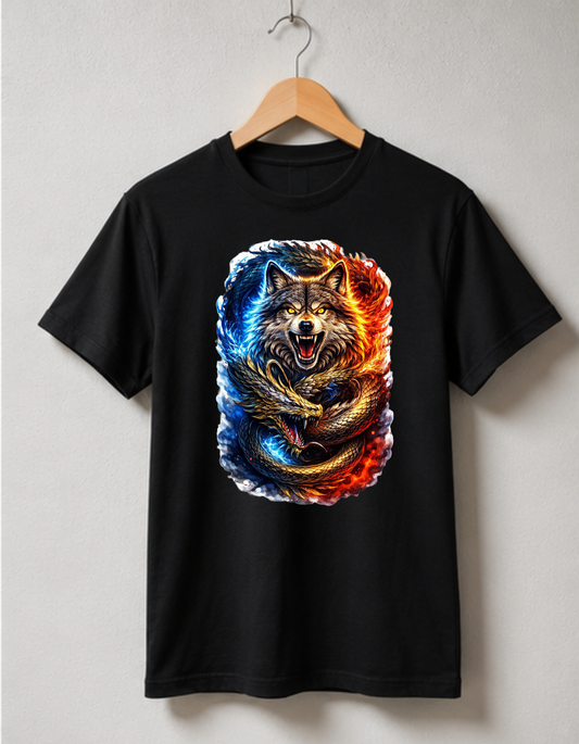 Tricou Lup și Dragon Yin Yang – 100% Bumbac, Imprimeu DTF