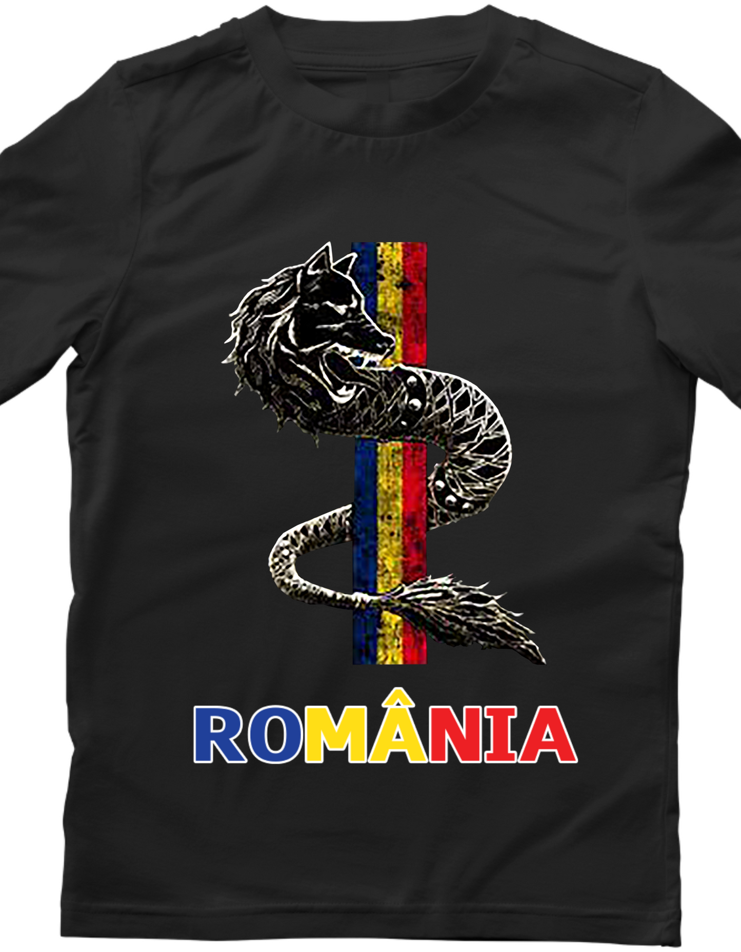 Tricou bumbac imprimat cu Romania si Lupul Dacic