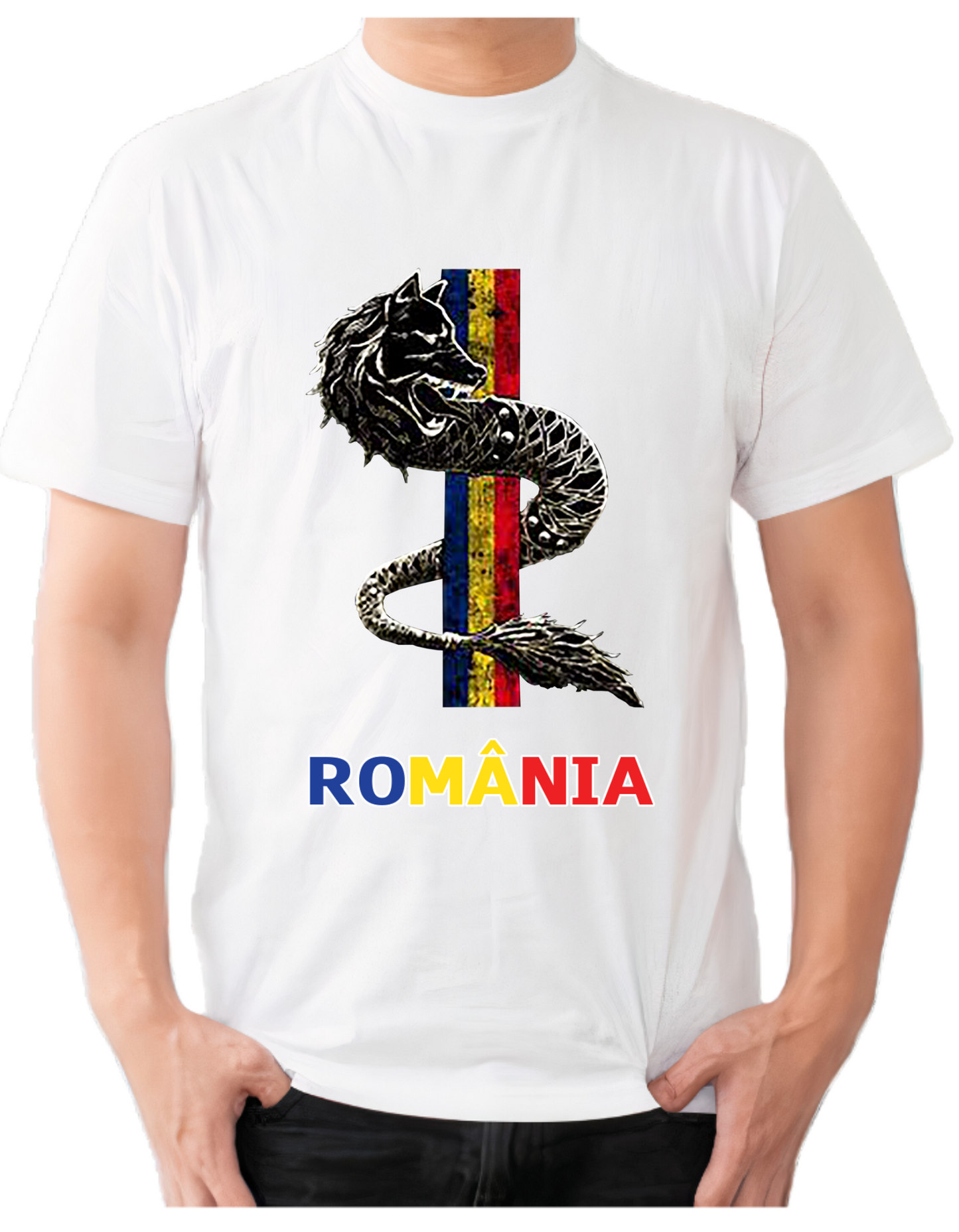 Tricou bumbac imprimat cu Romania si Lupul Dacic