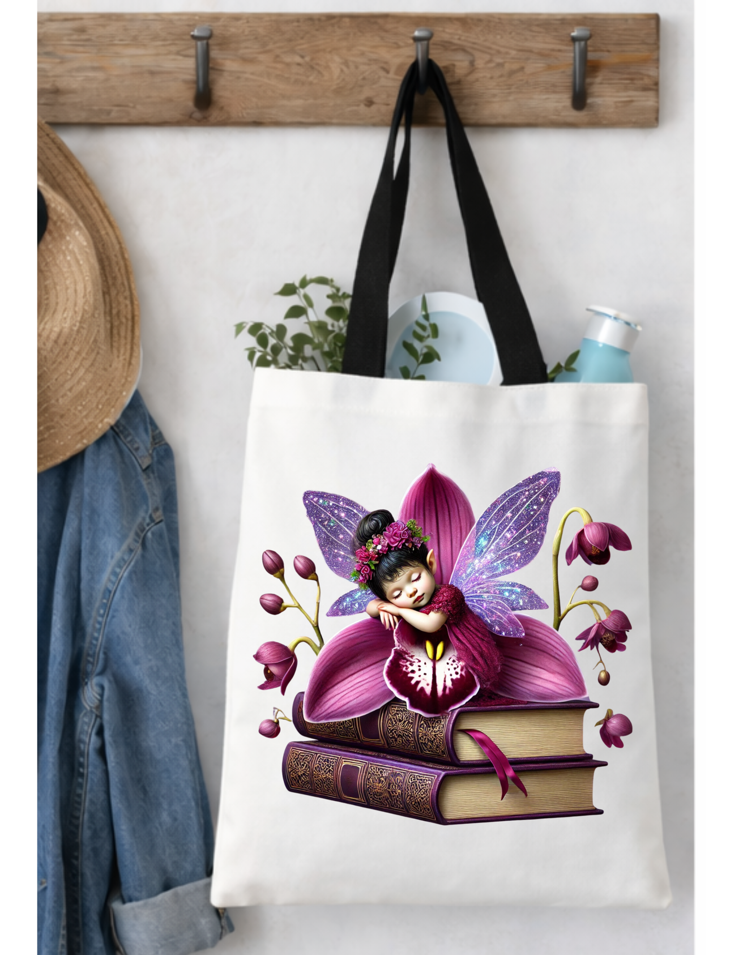 Geanta Tote Bag Alba 38x32 cm –Zana cu Flori Orhidee