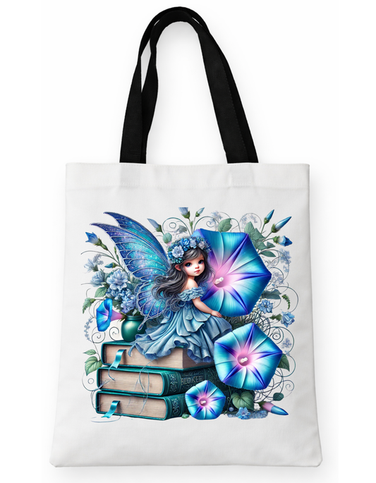 Geanta Tote Bag Alba 38x32 cm – Zana cu Flori Morning Glory Albastre