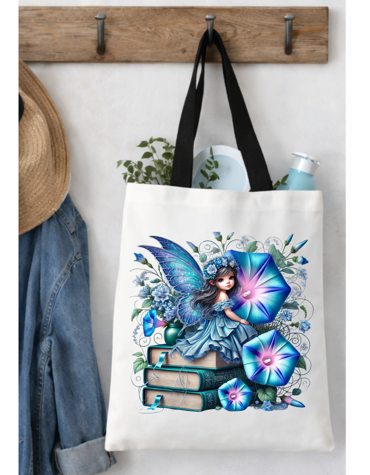 Geanta Tote Bag Alba 38x32 cm – Zana cu Flori Morning Glory Albastre