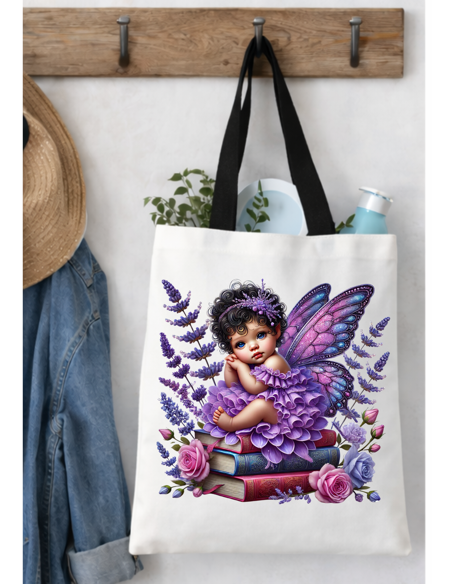 Geanta Tote Bag Alba 38 x32 cm – Zana cu Flori de Lavanda