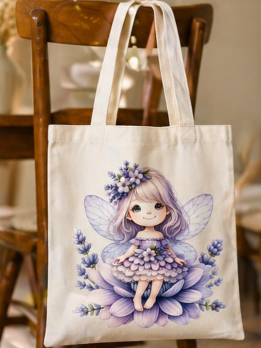 Geantă tip tote din bumbac 41x36 cm, Imprimeu DTF Design Zână cu Lavandă