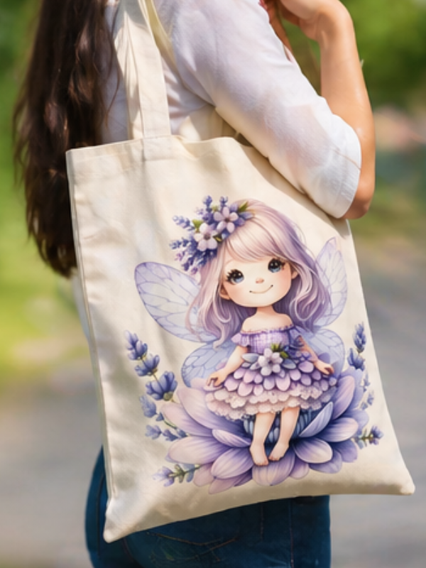 Geantă tip tote din bumbac 41x36 cm, Imprimeu DTF Design Zână cu Lavandă