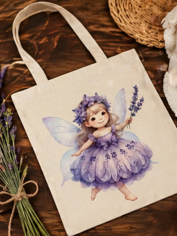 Geantă tote din bumbac 41x36 cm, Zână de lavandă, Imprimare DTF