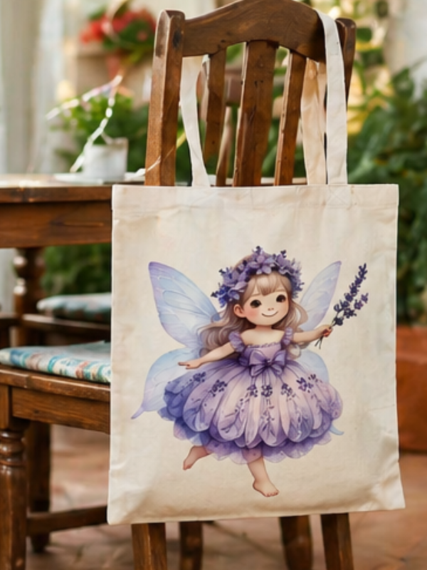 Geantă tote din bumbac 41x36 cm, Zână de lavandă, Imprimare DTF