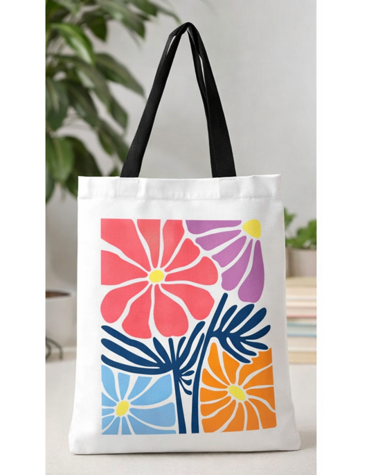 Geanta Tote Bag Alba cu Imprimeu Floral Multicolor