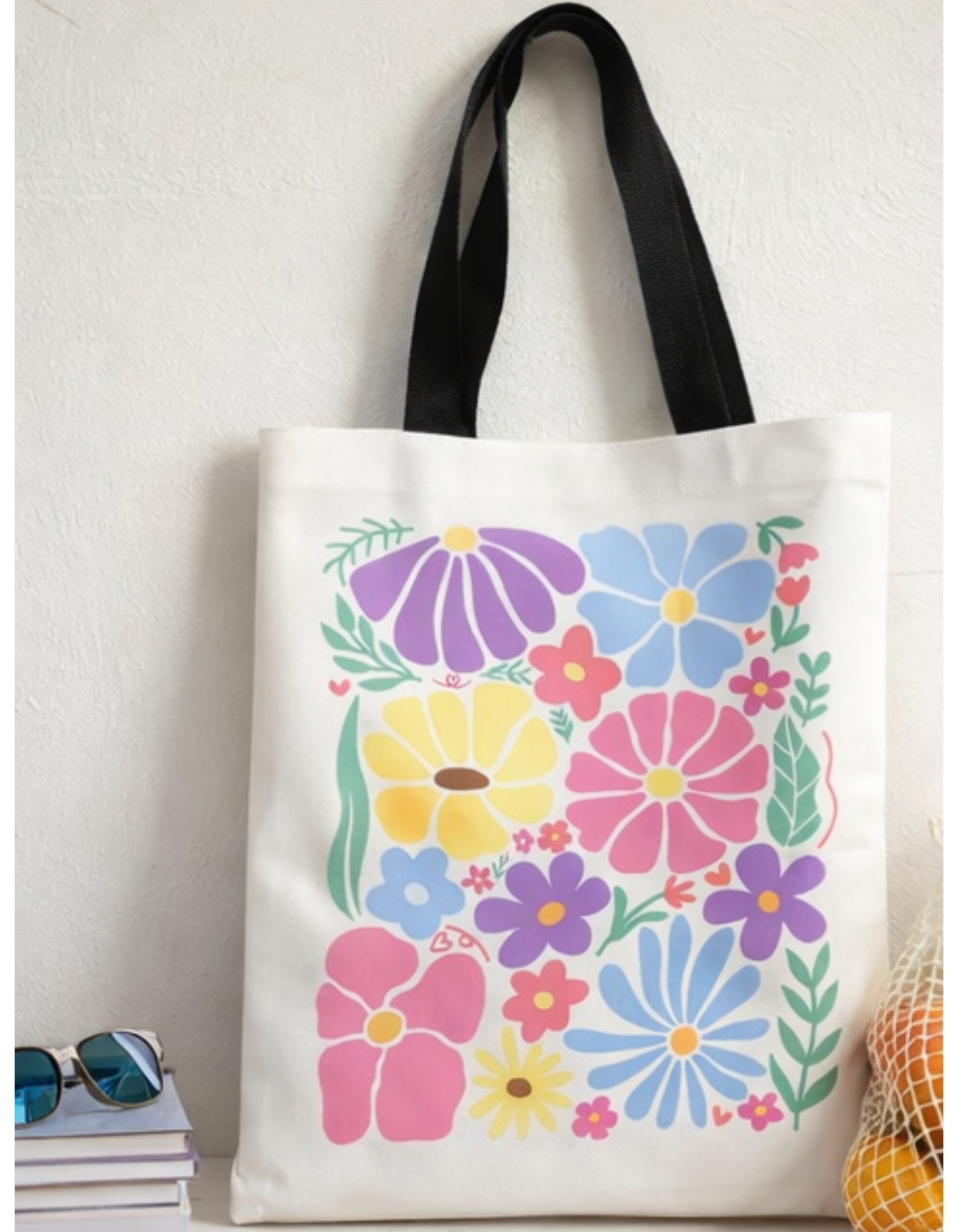 Geanta Tote Bag Alb, imprimeu floral colorat
