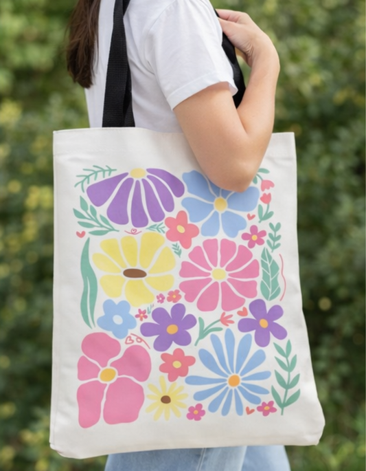 Geanta Tote Bag Alb, imprimeu floral colorat