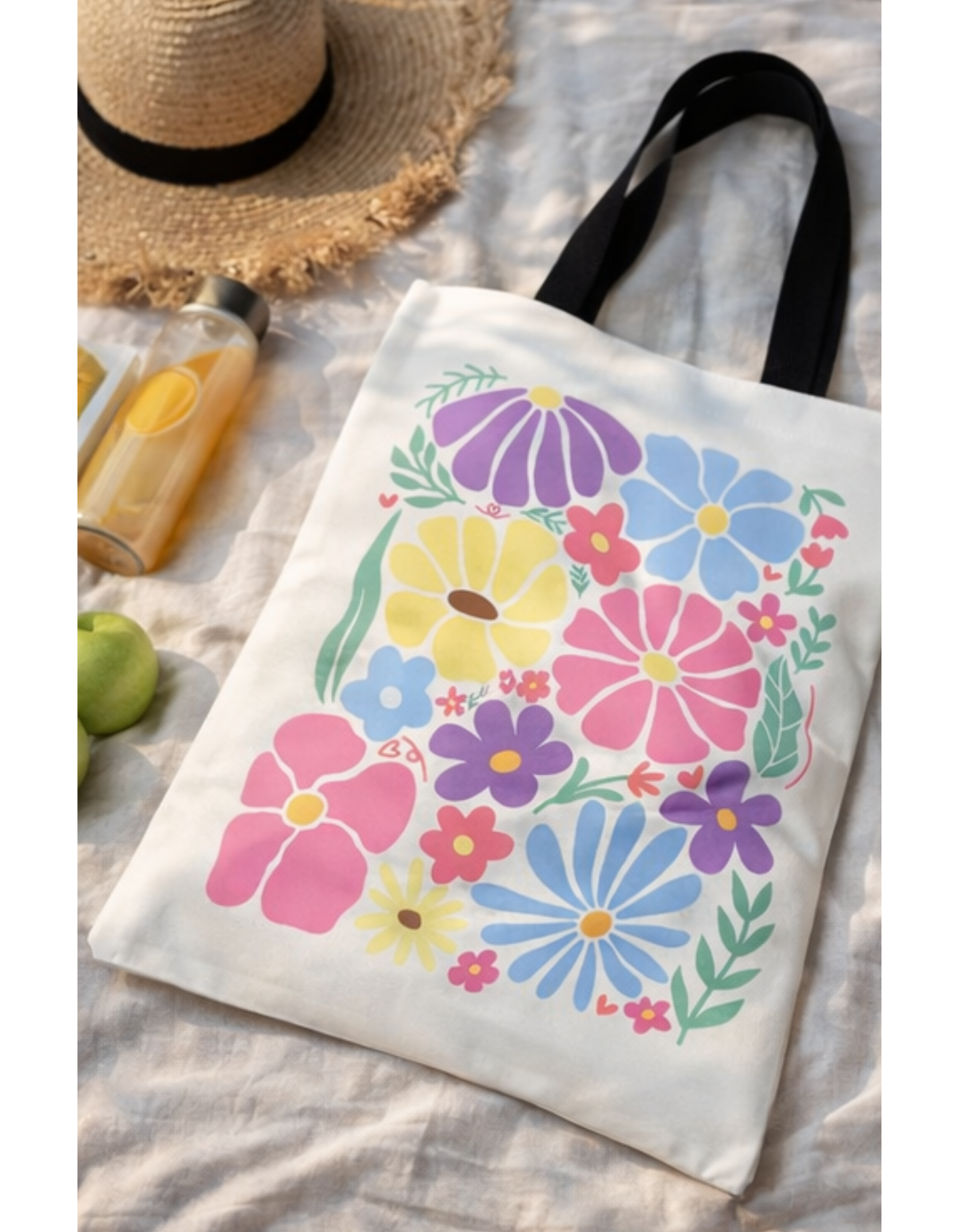 Geanta Tote Bag Alb, imprimeu floral colorat