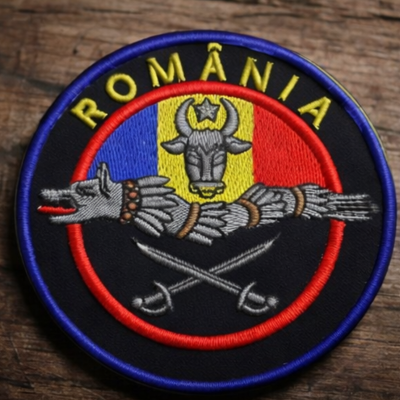 Patch Brodat ROMÂNIA – Emblemă Tricolor cu Cap de Bour
