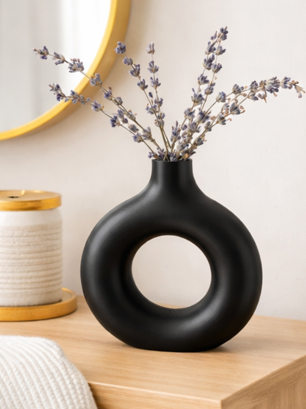 Vaza decorativă 3D, design minimalist, negru mat, 20cm