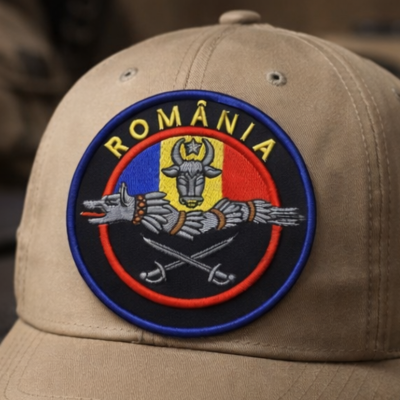 Patch Brodat ROMÂNIA – Emblemă Tricolor cu Cap de Bour