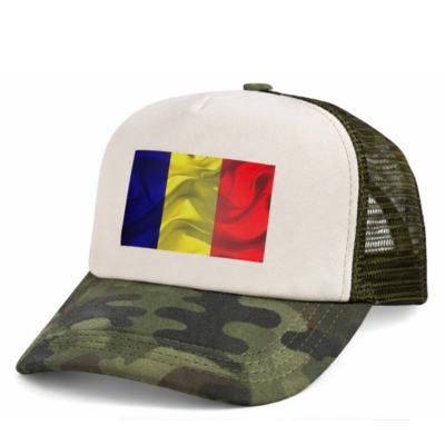 Șapcă trucker camuflaj cu drapelul României – Imprimare DTF