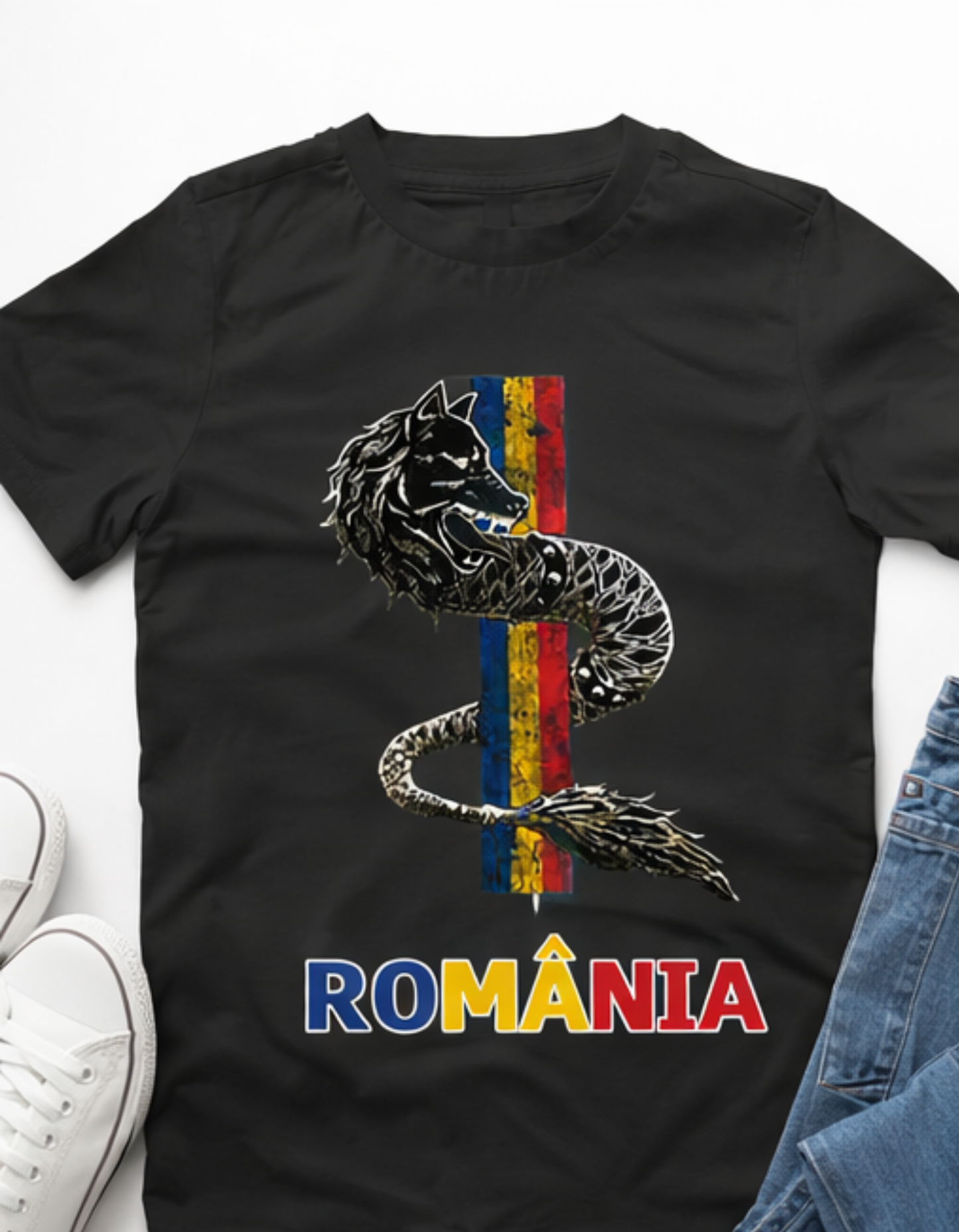 Tricou România cu Lup Dacic și Steagul României – Print DTF