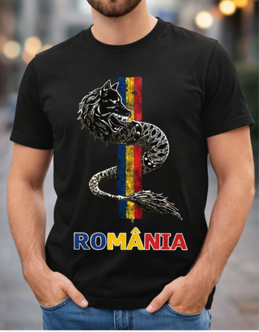 Tricou România cu Lup Dacic și Steagul României – Print DTF