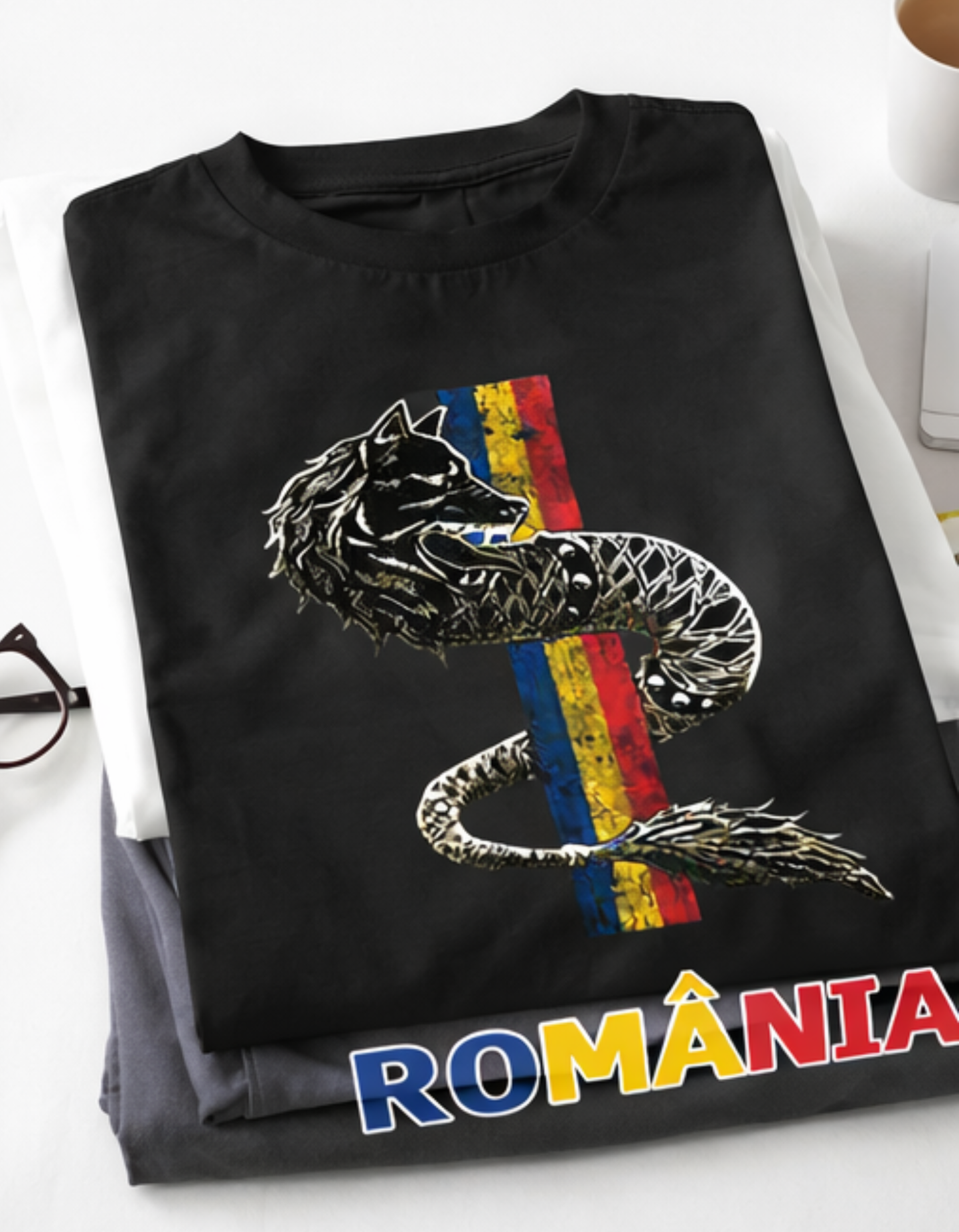 Tricou România cu Lup Dacic și Steagul României – Print DTF