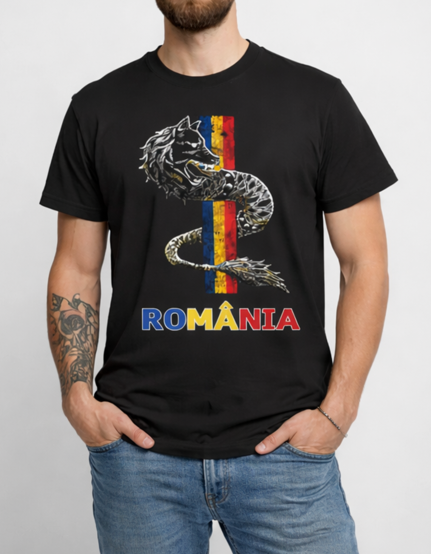 Tricou România cu Lup Dacic și Steagul României – Print DTF