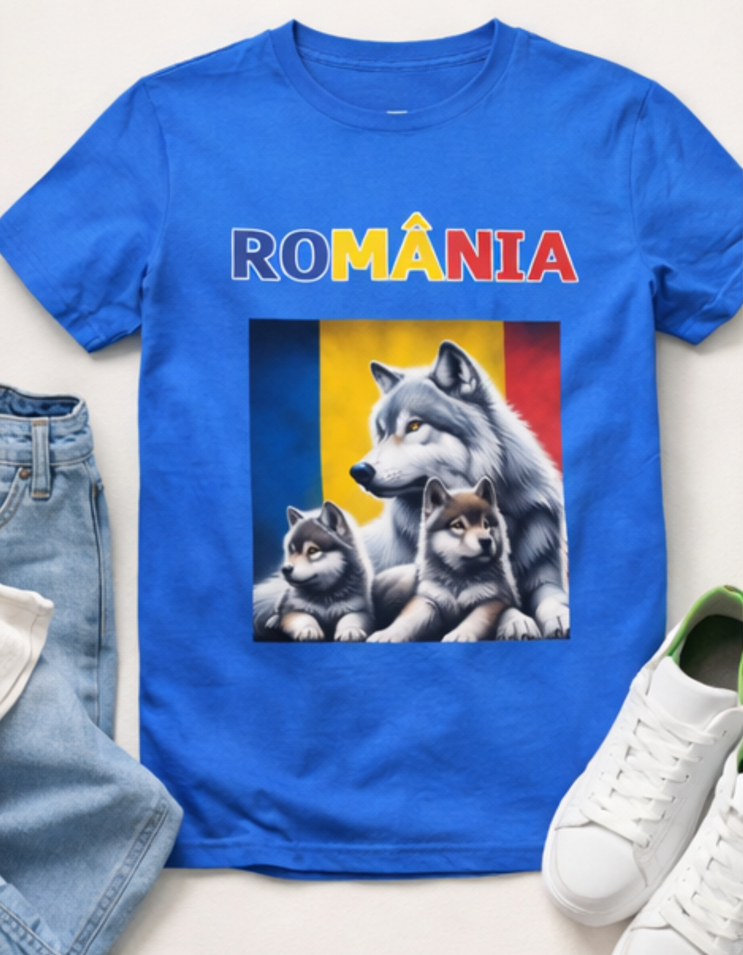 Tricou România cu Lup și Pui de Lup – Tricou Print DTF