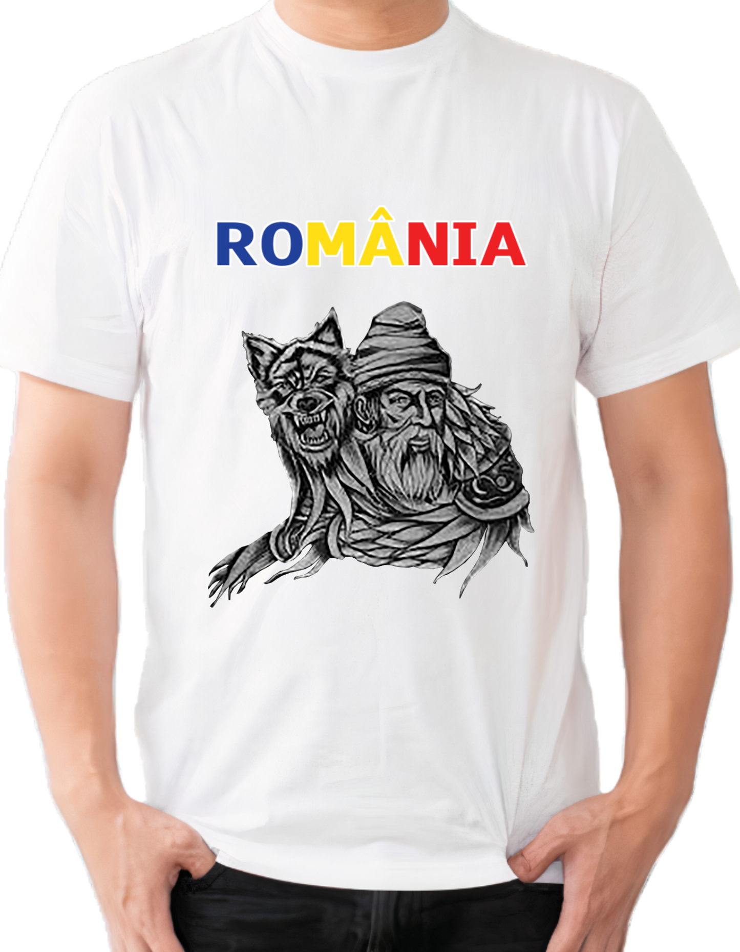 Tricou România cu Lup Dacic – Tricou Unisex 100% Bumbac, Print DTF Premium