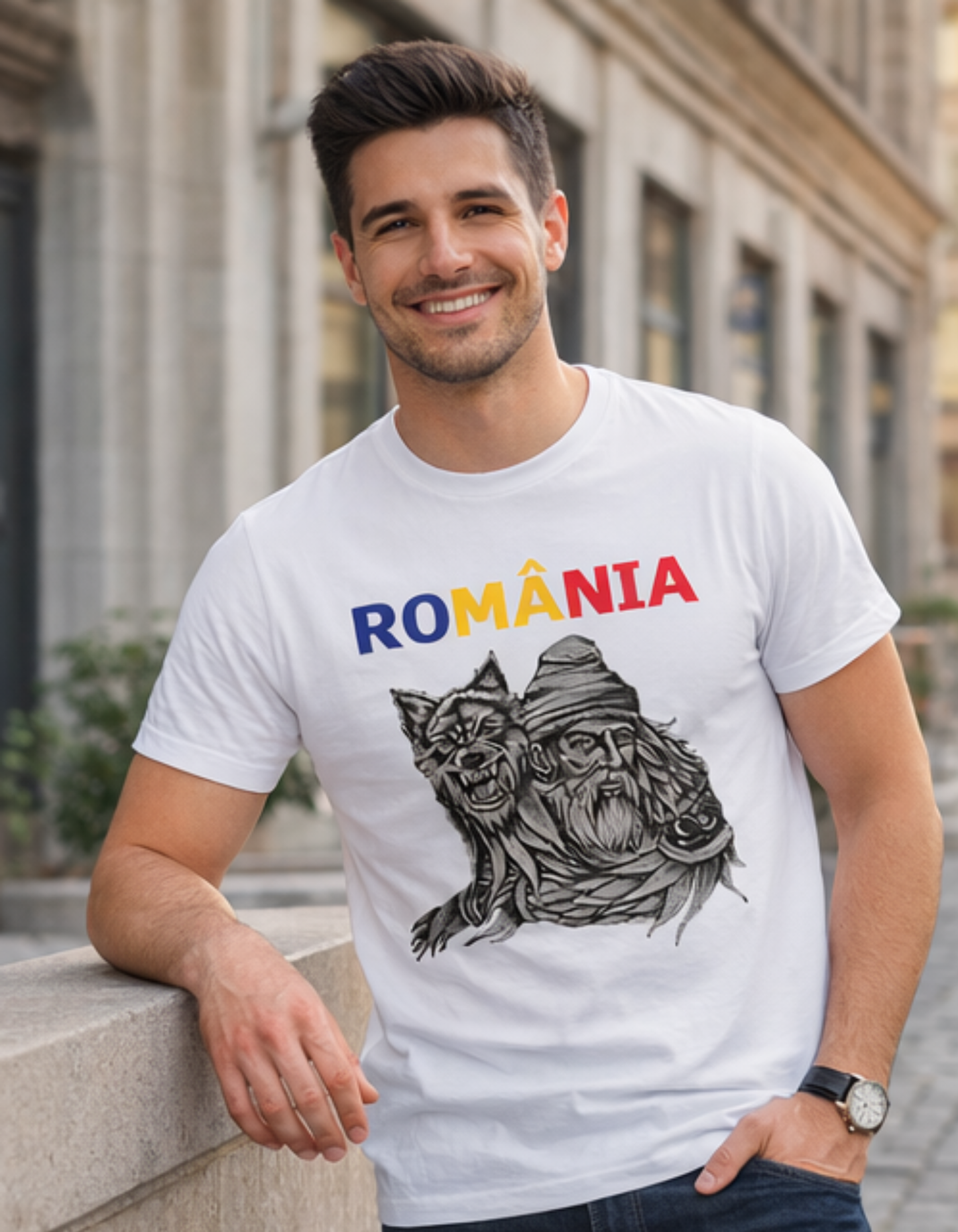 Tricou România cu Lup Dacic – Tricou Unisex 100% Bumbac, Print DTF Premium