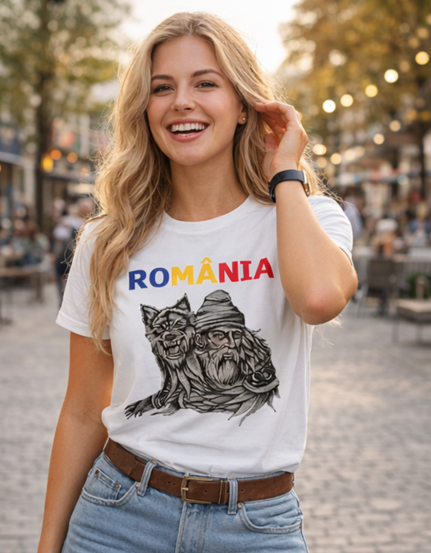 Tricou România cu Lup Dacic – Tricou Unisex 100% Bumbac, Print DTF Premium
