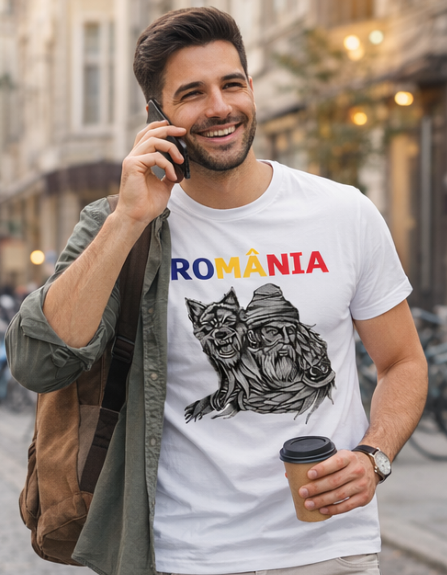 Tricou România cu Lup Dacic – Tricou Unisex 100% Bumbac, Print DTF Premium