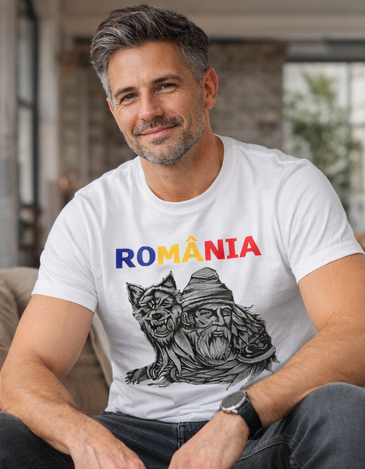 Tricou România cu Lup Dacic – Tricou Unisex 100% Bumbac, Print DTF Premium