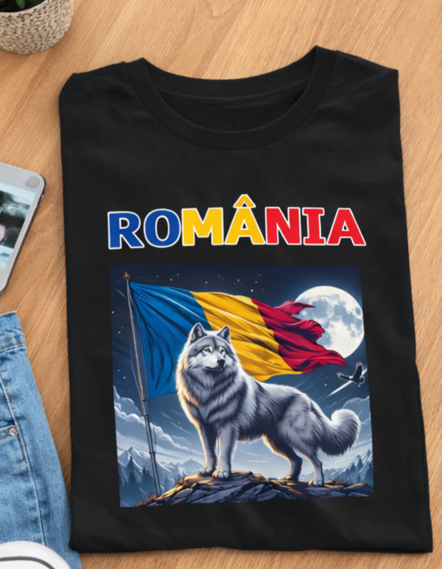 Tricou ROMÂNIA Lup Dacic – Print DTF Premium, 100% Bumbac