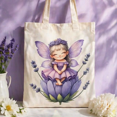 Sacosa din bumbac, imprimare DTF zana mov, 41x36 cm