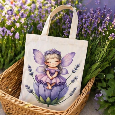 Sacosa din bumbac, imprimare DTF zana mov, 41x36 cm