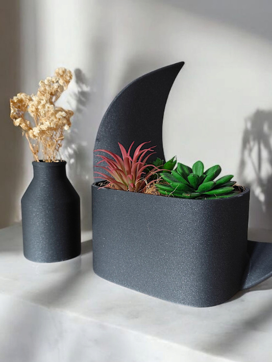 Set decorativ Luna Noir, ghiveci pentru plante suculente și vaza minimalistă