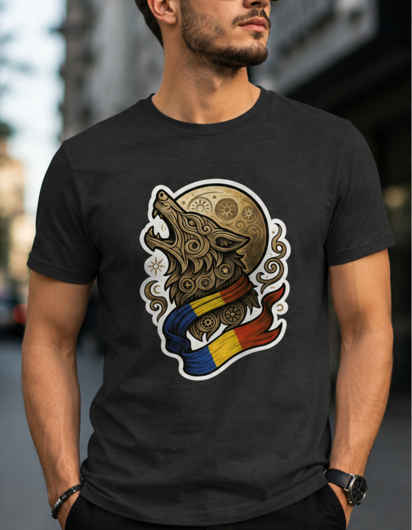 Tricou Lup Dacic – Design Tribal cu Tricolor Românesc