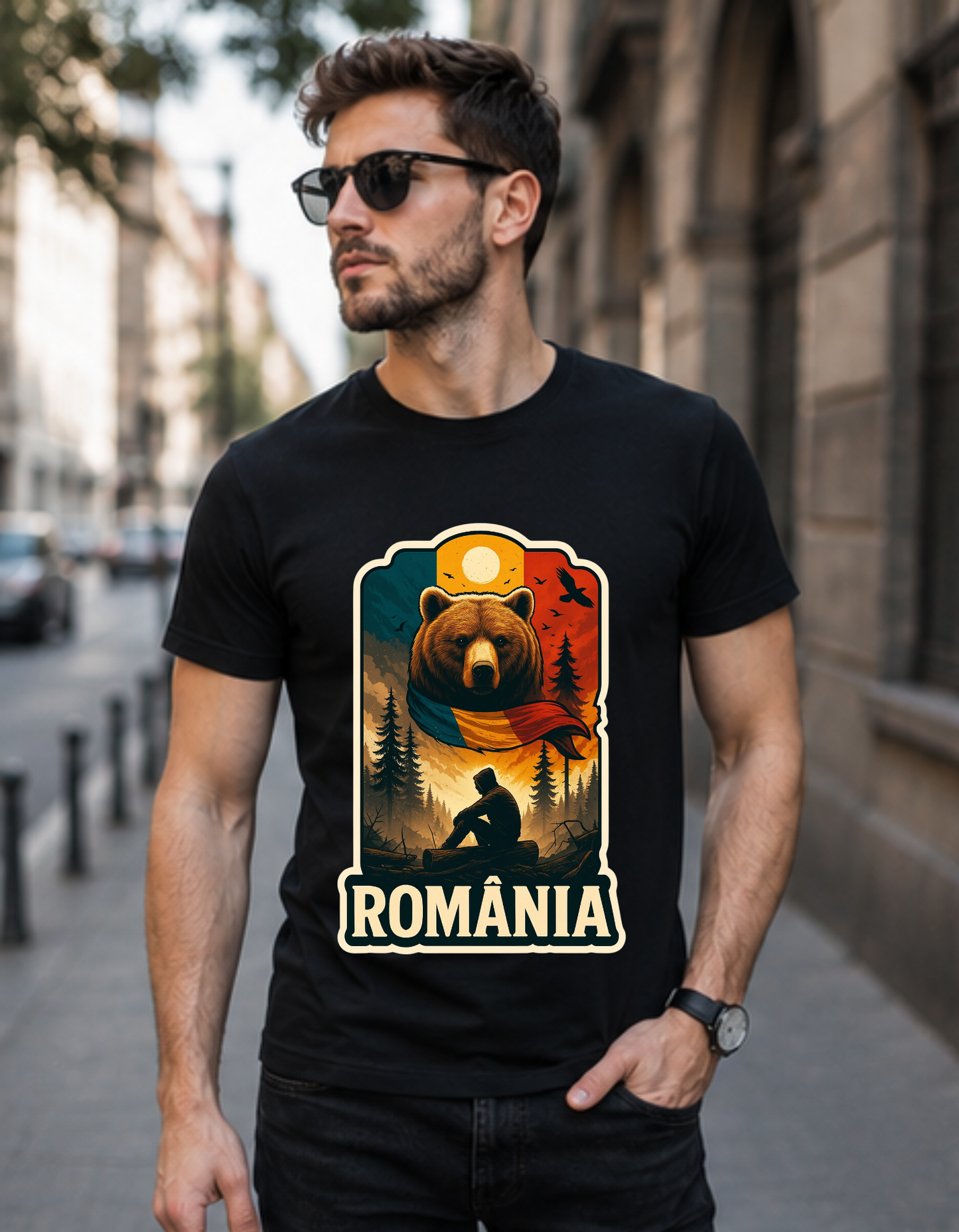 Tricou România cu Urs Carpați – 100% Bumbac, Imprimeu DTF Premium