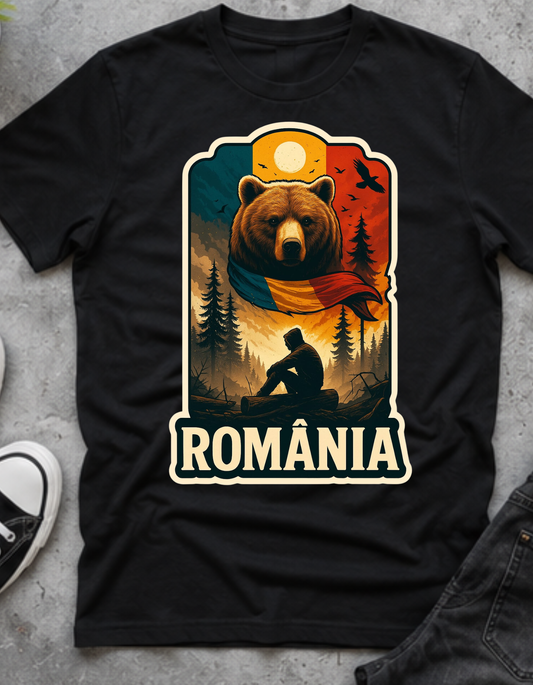 Tricou România cu Urs Carpați – 100% Bumbac, Imprimeu DTF Premium