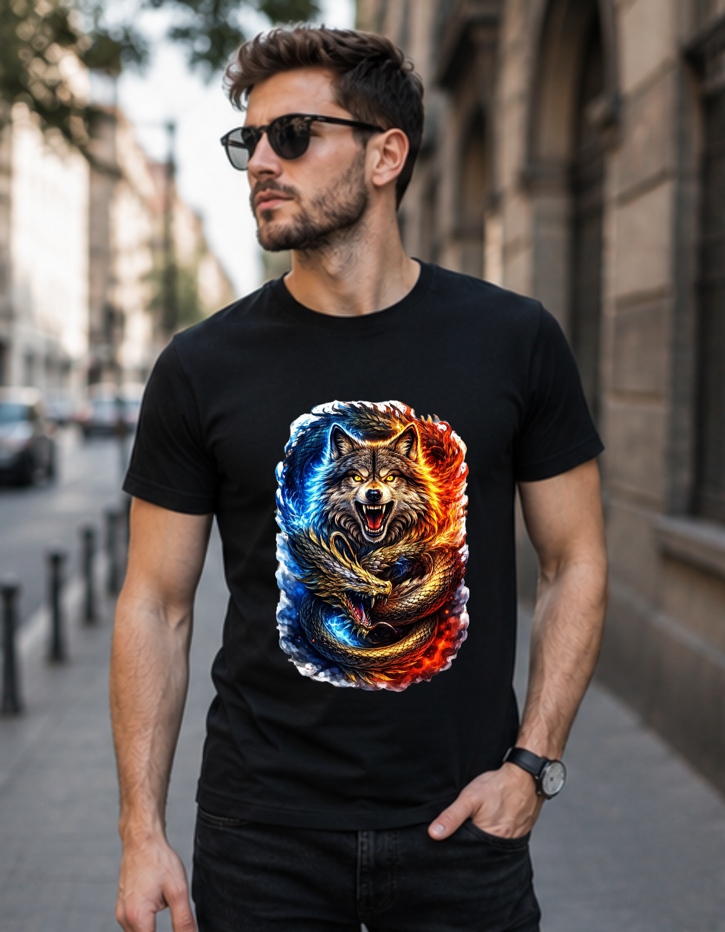 Tricou Lup și Dragon Yin Yang – 100% Bumbac, Imprimeu DTF