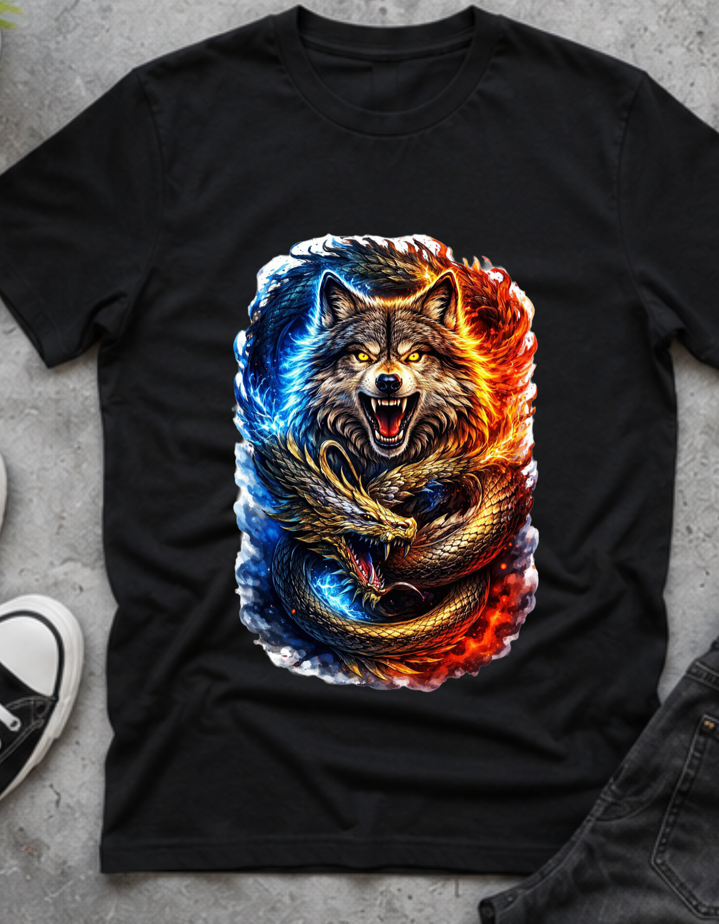 Tricou Lup și Dragon Yin Yang – 100% Bumbac, Imprimeu DTF