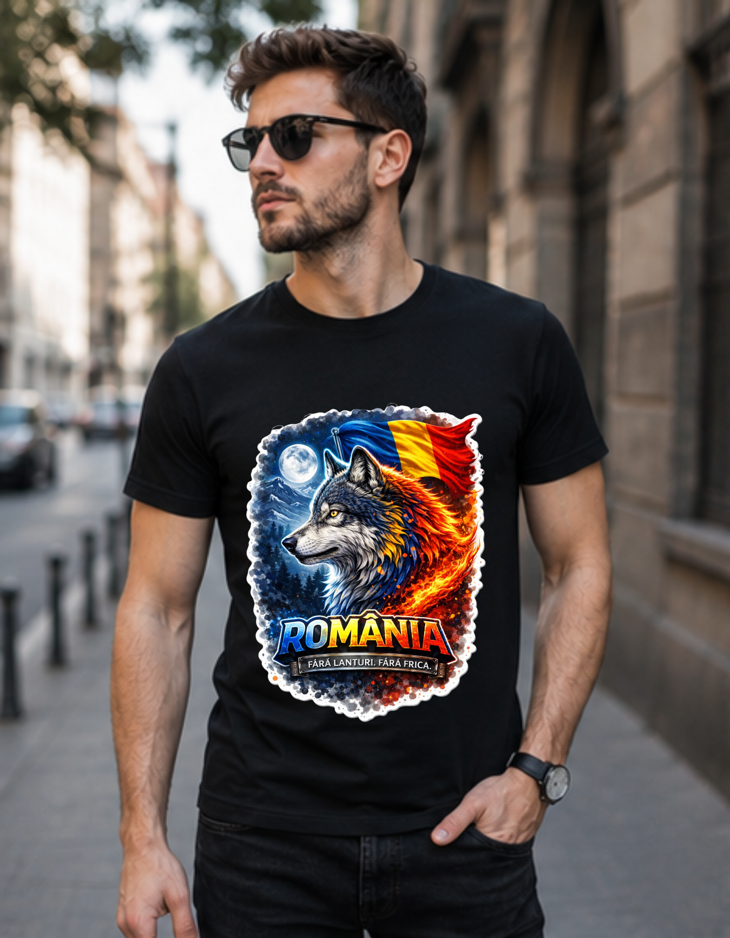 Tricou România Lup Tricolor – 100% Bumbac, Imprimare DTF Premium