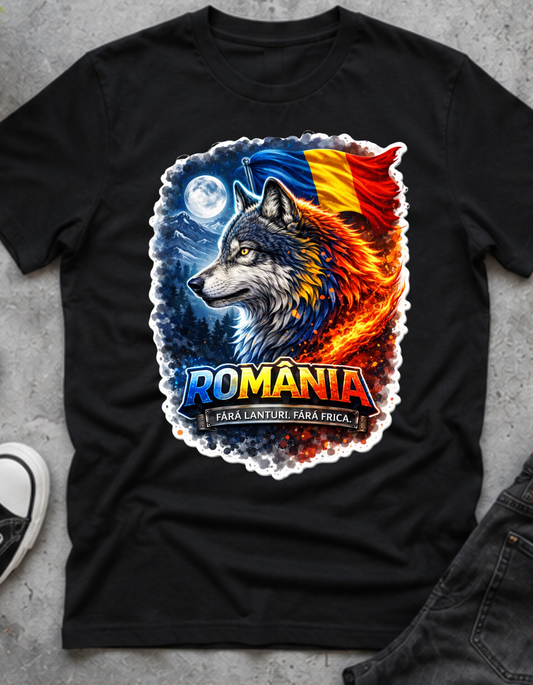 Tricou România Lup Tricolor – 100% Bumbac, Imprimare DTF Premium