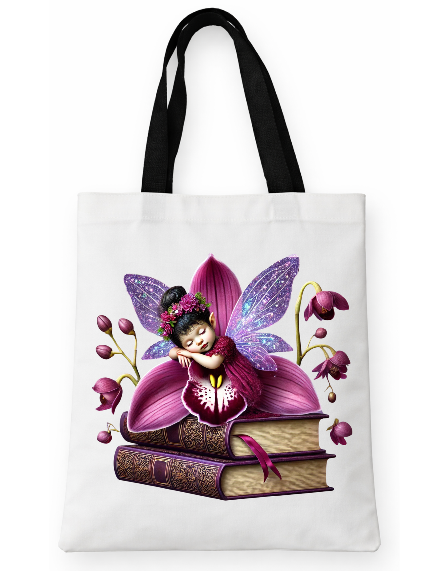 Geanta Tote Bag Alba 38x32 cm –Zana cu Flori Orhidee