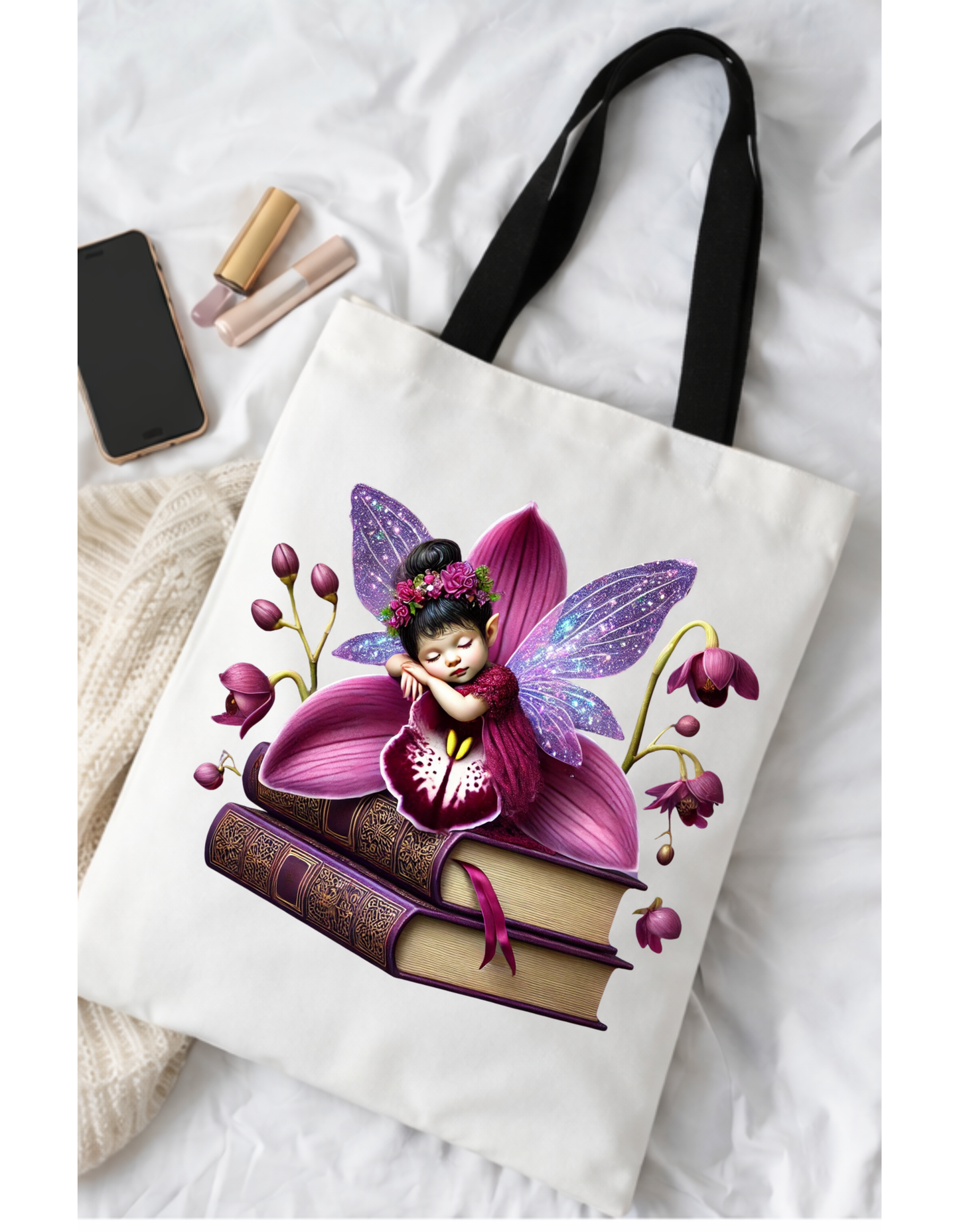 Geanta Tote Bag Alba 38x32 cm –Zana cu Flori Orhidee