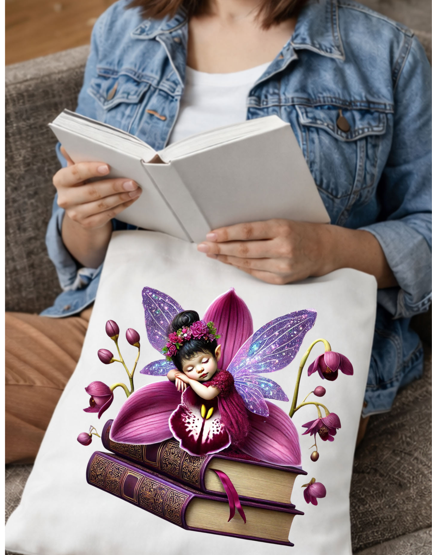 Geanta Tote Bag Alba 38x32 cm –Zana cu Flori Orhidee