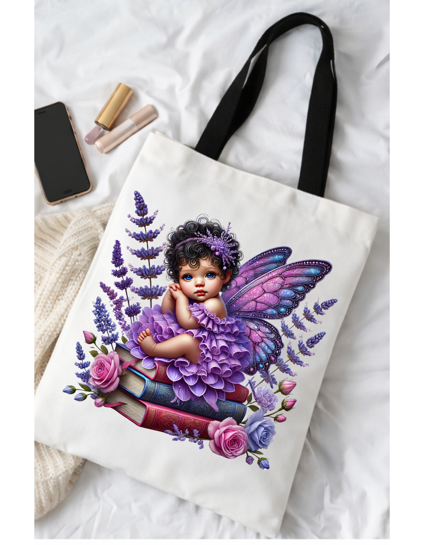 Geanta Tote Bag Alba 38 x32 cm – Zana cu Flori de Lavanda